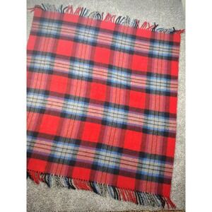 VTG 50's Horner Brothers Wool Blanket Wollen Mills Red Plaid Fringe Edge 59x50